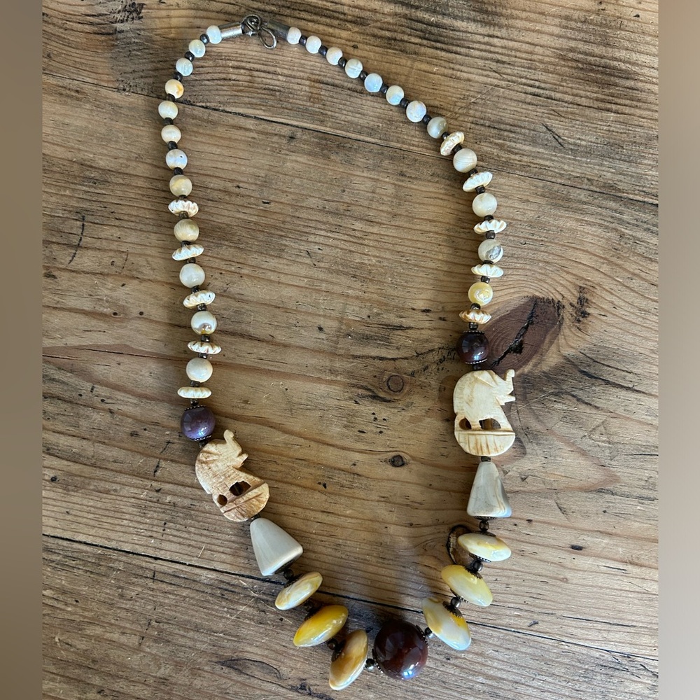 Vintage Bone Elephants, Abalone Shell, Stone Beaded Necklace